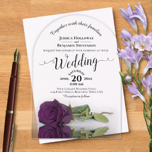 Invitaciones Acrílicas Boda de plumaje elegante de rosa púrpura Caligrafí