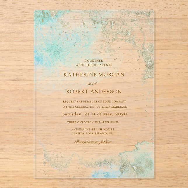 Invitaciones Acrílicas Boda de presupuesto costero de acuarela (Anverso)