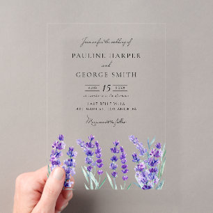 Invitaciones Acrílicas Boda de primavera con flores de lavanda en acuarel