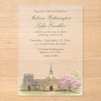 Invitaciones Acrílicas Boda de primavera en capilla de piedra con acuarel