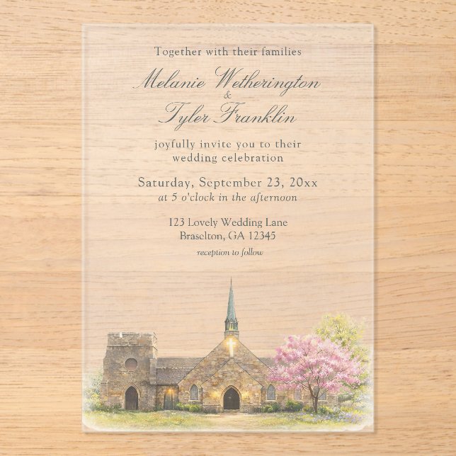 Invitaciones Acrílicas Boda de primavera en capilla de piedra con acuarel (Anverso)