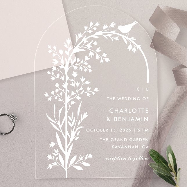 Invitaciones Acrílicas Boda de ramas y pájaros blancos modernos (Subido por el creador)