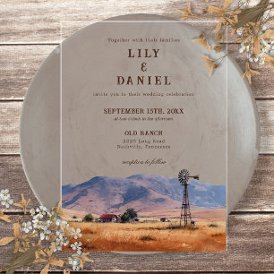 Invitaciones Acrílicas Boda de rancho vaquero de montaña al estilo acuare