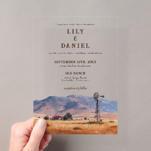 Invitaciones Acrílicas Boda de rancho vaquero de montaña al estilo acuare