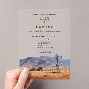 Invitaciones Acrílicas Boda de rancho vaquero de montaña occidental en ac