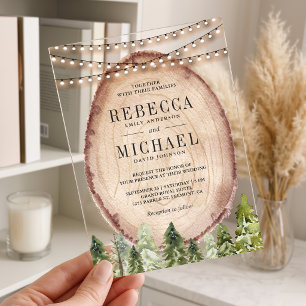 Invitaciones Acrílicas Boda de rebanada de madera de bosque de pino rústi