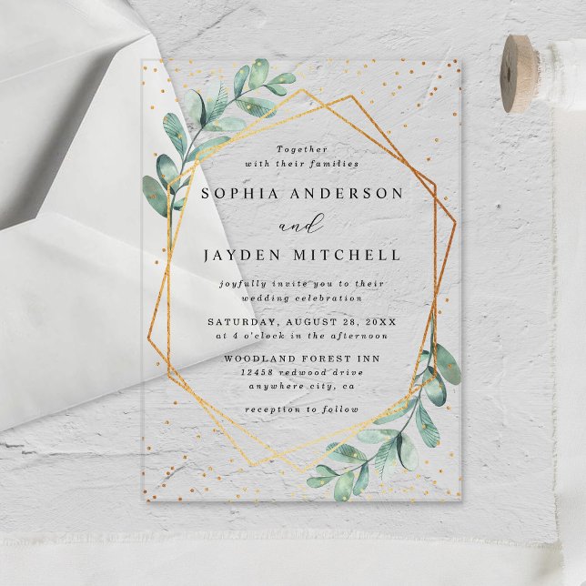 Invitaciones Acrílicas Boda de Relieve metalizado dorado geométrico Eucal (Subido por el creador)