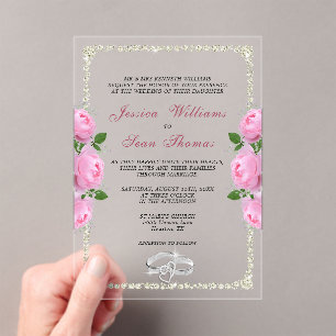 Invitaciones Acrílicas Boda de Rings de Diamantes y Rosas Rosa
