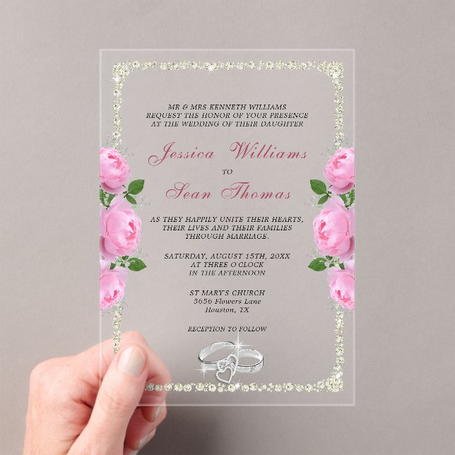 Invitaciones Acrílicas Boda de Rings de Diamantes y Rosas Rosa (Insitu (portátil))