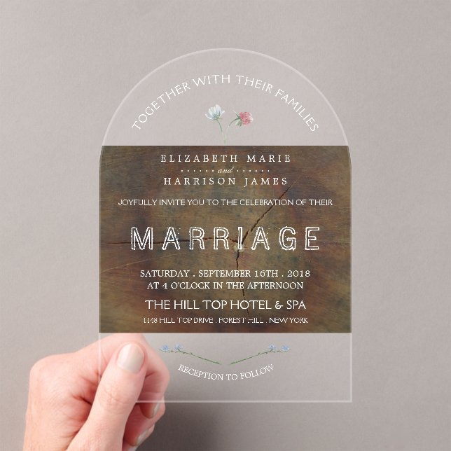 Invitaciones Acrílicas Boda de roble con flores silvestres (Insitu (portátil))