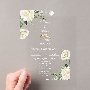 Invitaciones Acrílicas Boda de rosa blanca de vegetación acrílica