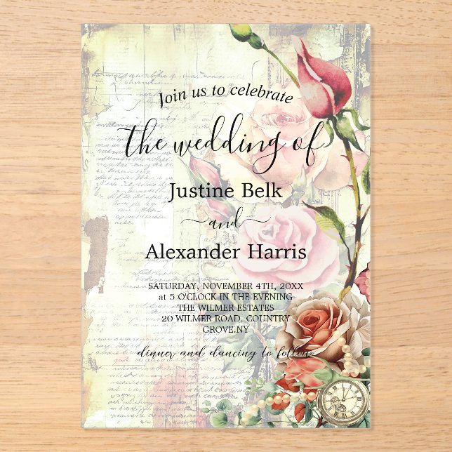 Invitaciones Acrílicas Boda de Rosa de época (Anverso)