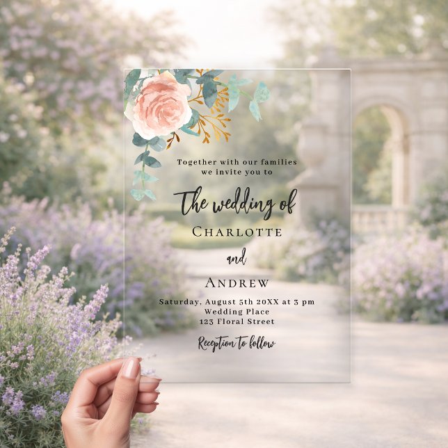 Invitaciones Acrílicas Boda de rosa eucalipto rubor transparente (Subido por el creador)