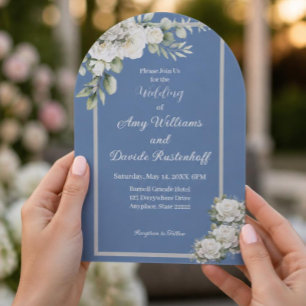 Invitaciones Acrílicas Boda de Rosas Blancas Azul Polvoriento Elegante 
