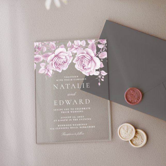 Invitaciones Acrílicas Boda de rosas rosadas vintage (Subido por el creador)