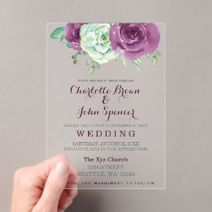 Invitaciones Acrílicas boda de rosas suculentos de ciruela de color agua