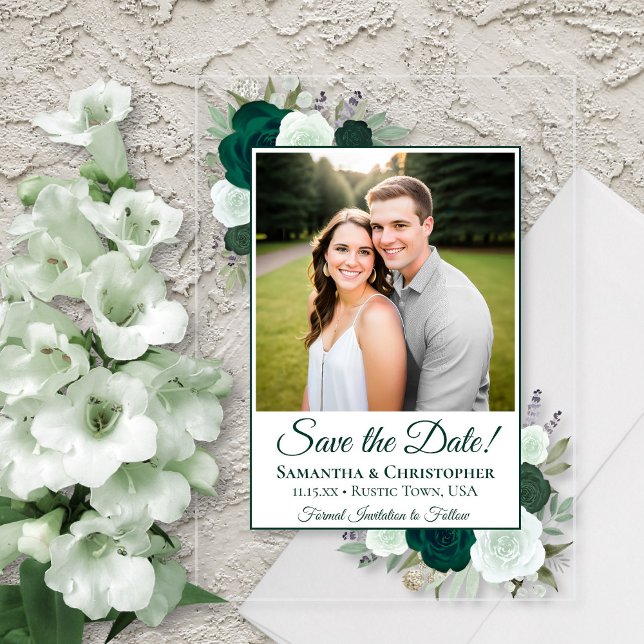 Invitaciones Acrílicas Boda de Rosas verdes de Esmeralda salva la foto de (Clear Acrylic with Rectangle Cut)