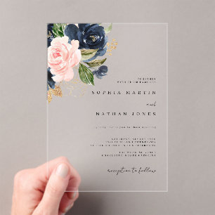 Invitaciones Acrílicas Boda de Rubor Navy Gold Watercolor Florals