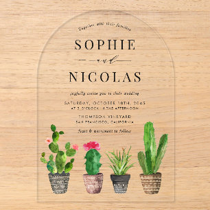 Invitaciones Acrílicas Boda de Suculentas y Cactus en Maceta Boho