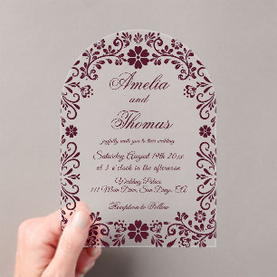 Invitaciones Acrílicas Boda de Talavera Roja de Borgoña Mexicana