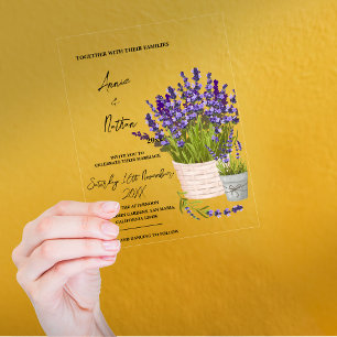 Invitaciones Acrílicas Boda de tallos de lavanda en acuarela en una cesta