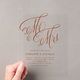 Invitaciones Acrílicas Boda de Terracota Sr y Sra Caligrafía Rústica
