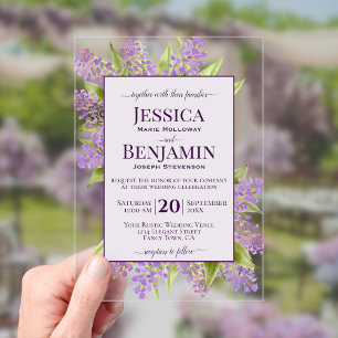Invitaciones Acrílicas Boda de Texto Acuarela Rústica Lilas Elegante