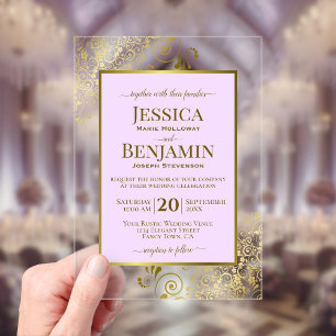Invitaciones Acrílicas Boda de texto elegante lila púrpura y dorado