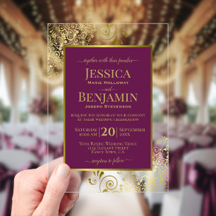 Invitaciones Acrílicas Boda de texto elegante magenta ciruela y oro