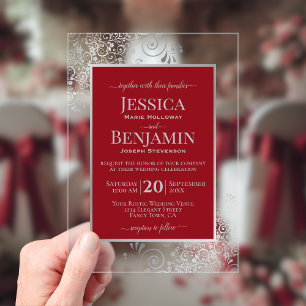 Invitaciones Acrílicas Boda de texto elegante rojo carmesí y plata