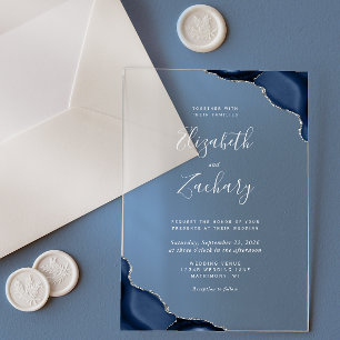 Invitaciones Acrílicas Boda de texto gris plateado de amarre azul marino