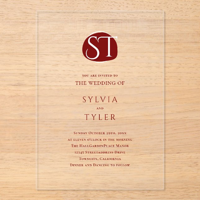 Invitaciones Acrílicas Boda de tipografía monográfica escudo (Anverso)