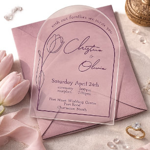 Invitaciones Acrílicas Boda de Tulipán Arqueado con Rubor de Ciruela 