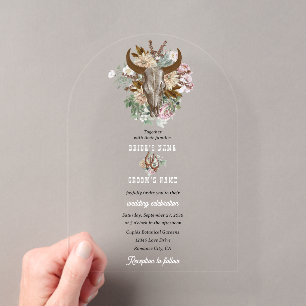 Invitaciones Acrílicas Boda de vaquero boho del país occidental Cráneo de