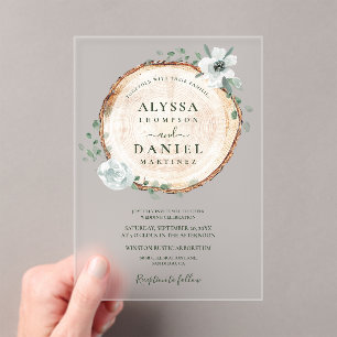 Invitaciones Acrílicas Boda de Vegetación con Rebanadas de Madera Rústica