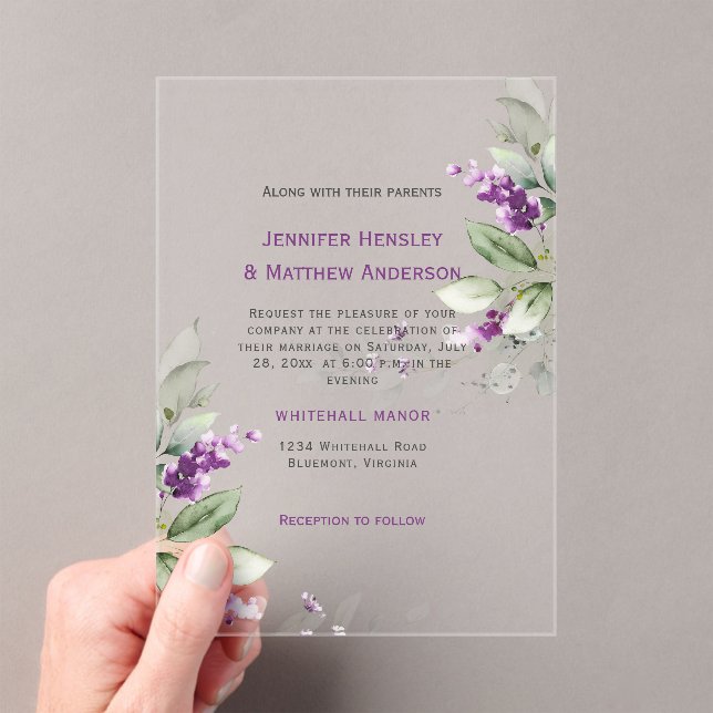 Invitaciones Acrílicas Boda de vegetación floral de lavanda morada (Insitu (portátil))