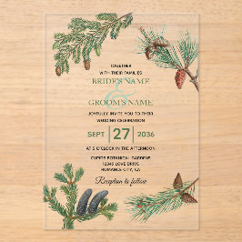 Invitaciones Acrílicas Boda de vegetación forestal de pinos rústicos