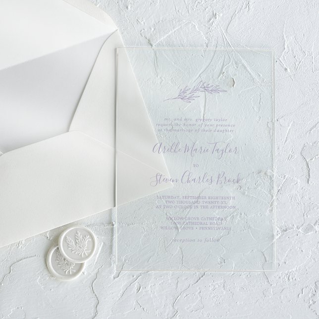 Invitaciones Acrílicas Boda de vegetación formal simple de hoja mínima pú (Minimal Leaf Purple Formal Simple Greenery Wedding Acrylic Invitations)