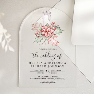 Invitaciones Acrílicas Boda de vela de Navidad con poinsettia rústica