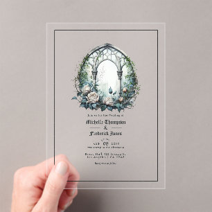 Invitaciones Acrílicas Boda de ventana gótica transparente oscuro de fant