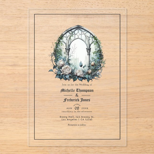 Invitaciones Acrílicas Boda de ventana gótica transparente oscuro de fant (Anverso)