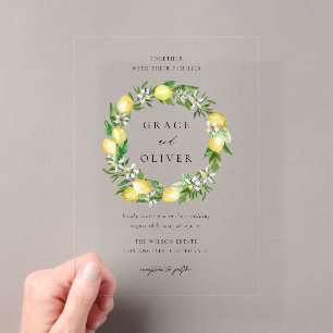 Invitaciones Acrílicas Boda de verano con corona de verde botánico y limó