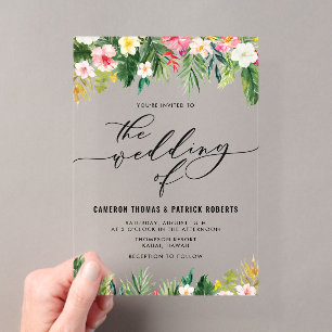 Invitaciones Acrílicas Boda de verano con flores tropicales al acuarela