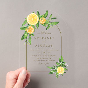 Invitaciones Acrílicas Boda de verano con limones y naranjas en acuarela