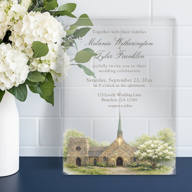 Invitaciones Acrílicas Boda de verano en la capilla de piedra con acuarel (summer frost chapel, stone chapel acrylic wedding invite)