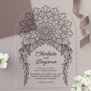 Invitaciones Acrílicas Boda de vino Black Boho Mandala Leafy