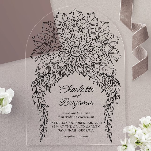Invitaciones Acrílicas Boda de vino Black Boho Mandala Leafy (Subido por el creador)