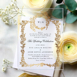 Invitaciones Acrílicas Boda de Wreath Escudo de oro elegante de monograma