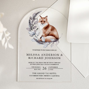 Invitaciones Acrílicas Boda de zorro del bosque de acuarela rústica