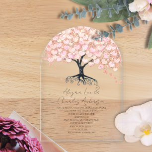 Invitaciones Acrílicas Boda del Árbol de Hoja con Corazón Rosa de Cuento